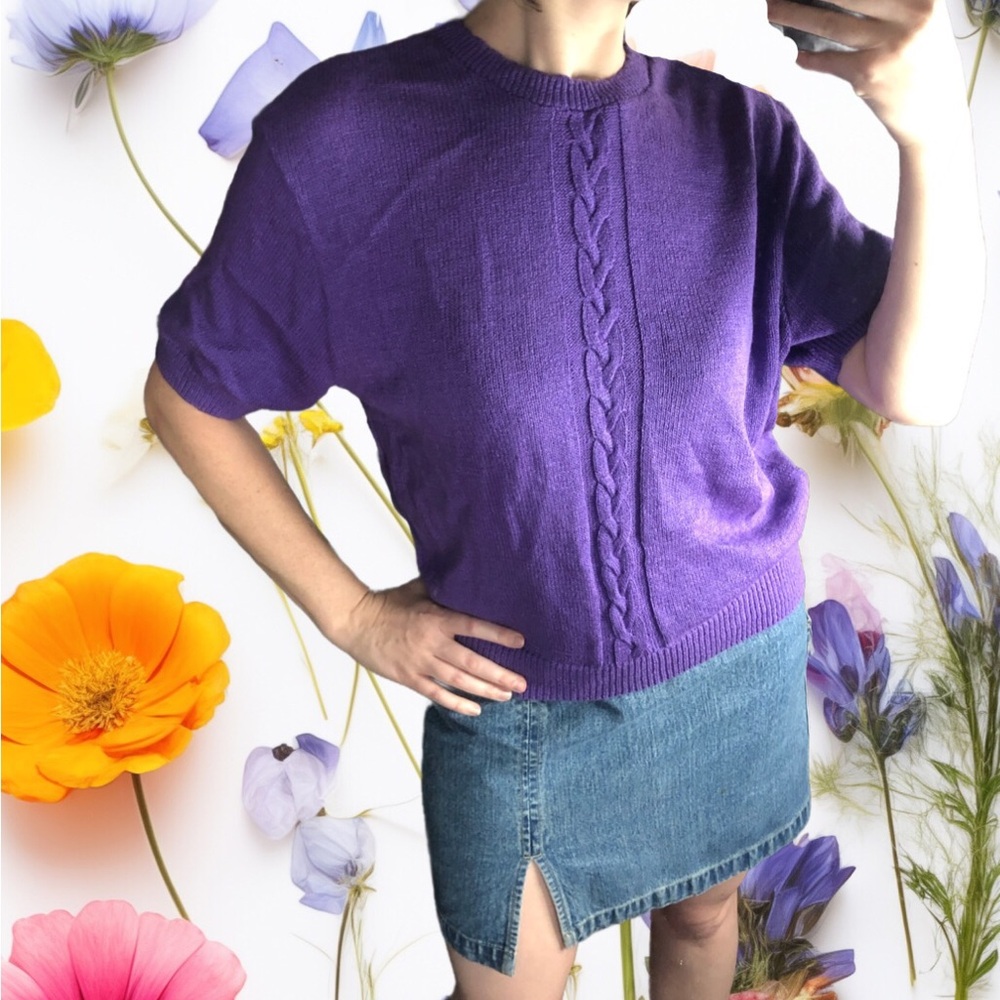 American Vintage Purple Short-Sleeve Cable Knit Sweater